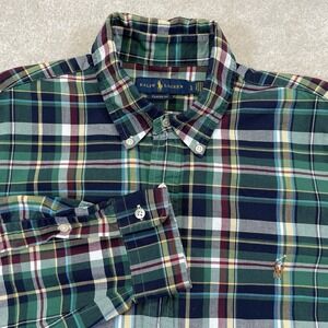 Ralph Lauren Shirt Mens L Green Blue Plaid Oxford Cotton Long Sleeve Casual